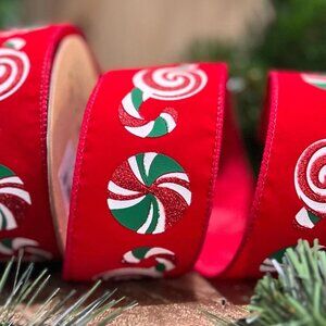 Puff Printed Candy Red Flocked Christmas Ribbon Craft Supplies 10 Yards